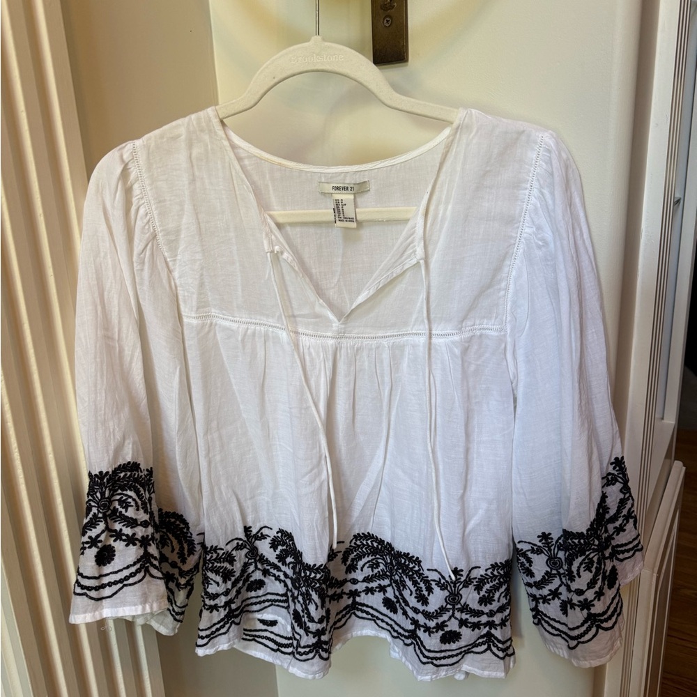 Forever 21 White Blouse with Black Embroidery